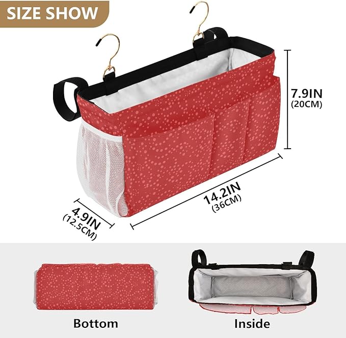 Bedside Caddy Hanging Bunk Bed Caddy Bed Organizer Hanging Pocket with 2 Hooks Bedside Storage Organizer Pocket Bag Holder Polka Dot Red