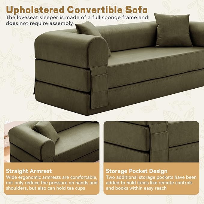 Convertible Folding Sofa Bed,78.5 Inch Faux Leather Futon Couch with Pillows & Storage Pocket,5-in-1 Queen Sleeper Sofa in a Box with Pull Out Bed,Boneless Couch for Living Room Bedroom,Green