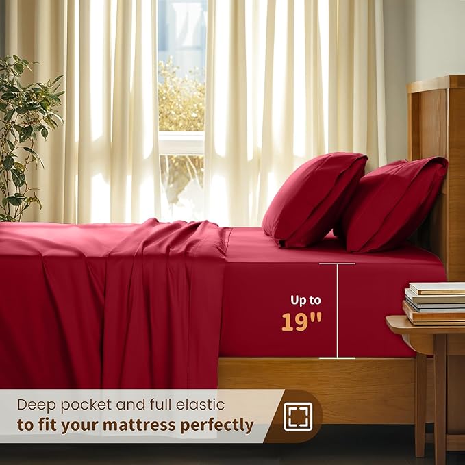 LBRO2M 100% Cotton Sheets Set Deep Pocket 19", 1000 Thread Count King Size 4 Piece Bed Sheet Sets Soft Comfortable Bedding All Season (King, Burgundy)