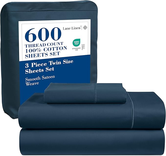 LANE LINEN 600 Thread Count 100% Mercerized Cotton Twin Sheets Set, Machine Wash, Mercerized Cotton for Sily Finish, Soft & Comfy Fully Elasticized Sheets Twin Size Bed Set, Sateen Weave - Dark Denim