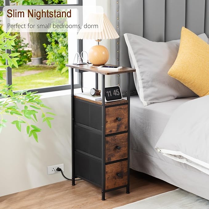 LOAKEKEL Narrow End Table Living Room with Charging Station, Skinny Side Table with Fabric Drawers, Slim Nightstand for Bedroom, Small Spaces, Couch, Brown, HETNDP03BR-1