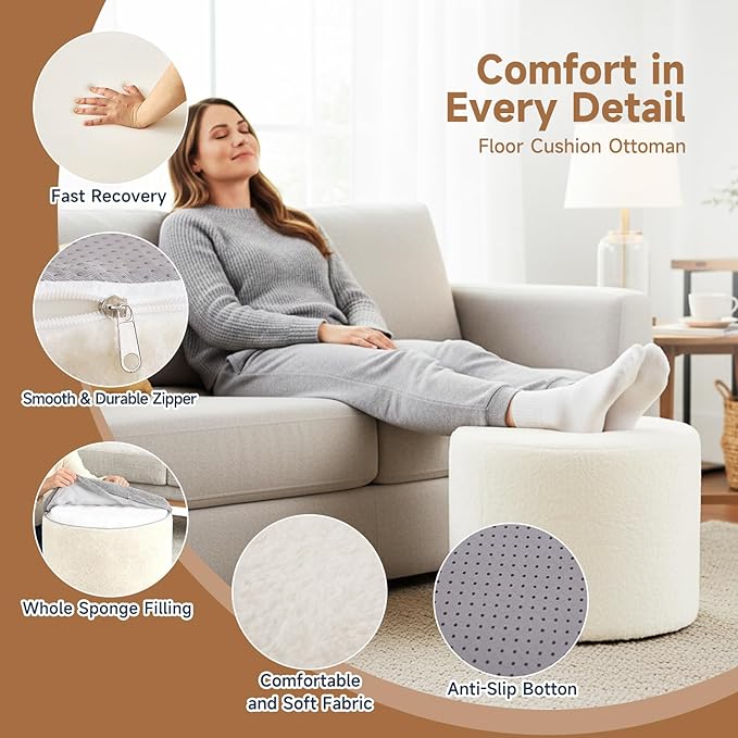 Tiita Round Stuffed Pouf Ottoman, Plush Poufs with Foam Chunk Filling, Foot Rest Stool for Living Room, Cream