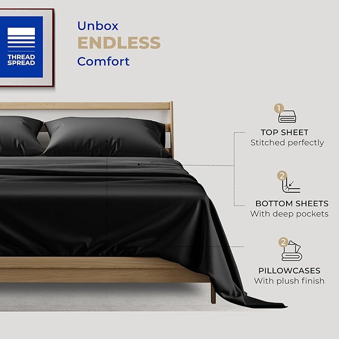 THREAD SPREAD 100% Cotton Split King Sheets for Adjustable Bed - 400 Thread Count 5 PC Sateen Split Sheet Set, Soft, Breathable Cooling Cotton Sheets - 16" Deep Pocket Split King Sheet (Black)