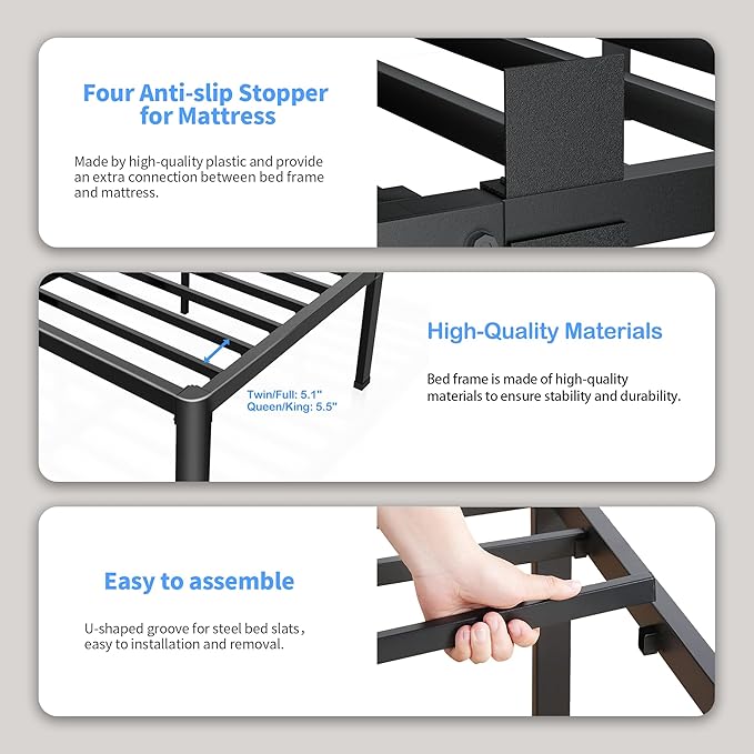 ROIL 14 inch California King Size Bed Frame Metal Platform No Box Spring Needed with Headboard Hole Round Corner Legs Mattress Retainers 3500LBS Heavy Duty Steel Slats Noise-Free Storage