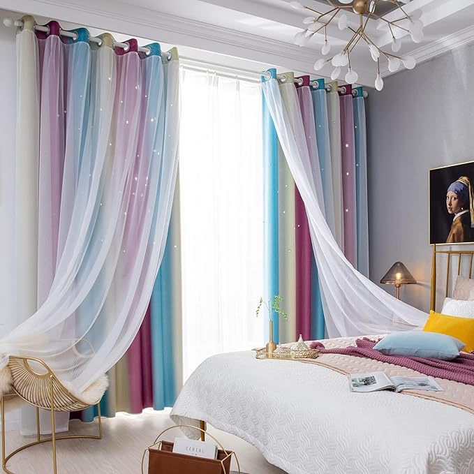Star Blackout Curtains - Bedroom Cute Kids Rainbow, 96 Inch Long 2 Panels, Purple & Blue, 42 x 96 Inch