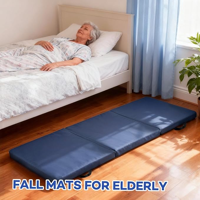 Foldable Fall Protection Mat for Elderly Blue Waterproof Non Slip Floor Mats with High-Resilience Foam 72 * 24 * 2 Inch Bedside Floor Mats for Elderly, Handicap, Senior