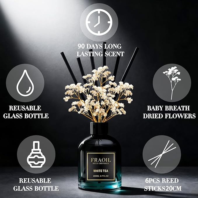 White Tea Reed Diffuser, Reed Diffuser Set 6.7 fl oz (200 ml) with 6 Reed Sticks, Home Fragrance Reed Diffuser for Bathroom Shelf House Bedroom Office Decor