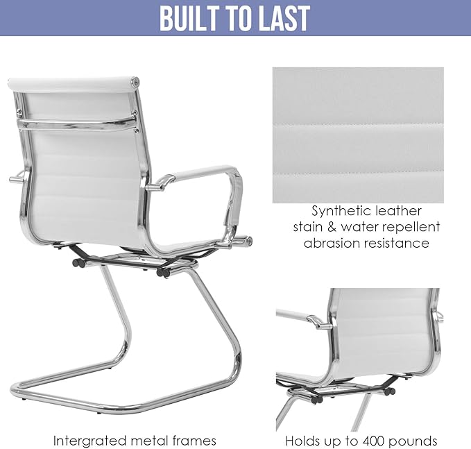 Wahson Office Guest Chairs Set of 6, Leather Reception Chairs, Mid Back Waiting Room Chair, Conference Chairs with Sled Base, Desk Chair No Wheels for Meeting/Lobby/Restroom, White