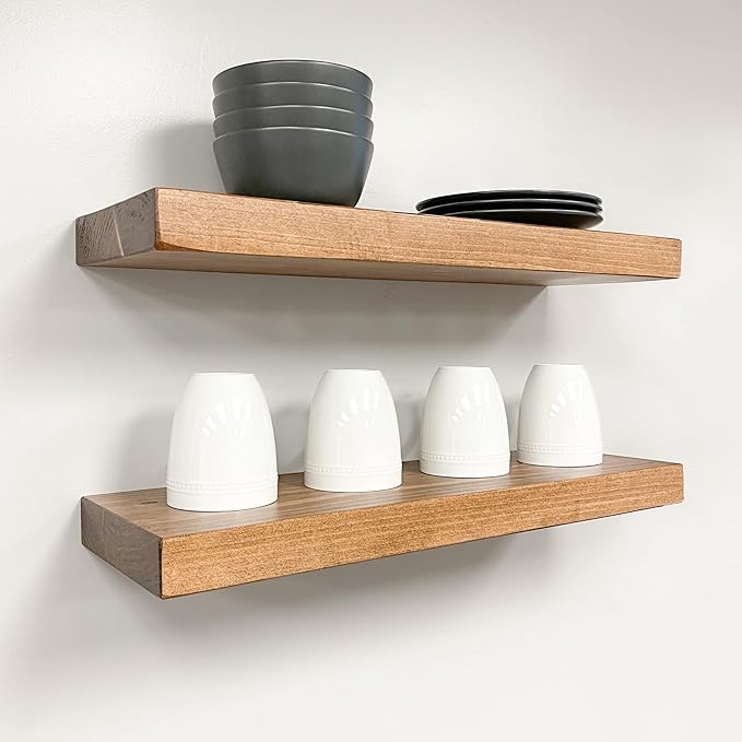 URBANDI, Rustic Floating Shelves, Set of 2, Hidden Bracket, Solid Wood, Heavy Duty, Wall Mounted Shelves, (Brown, 36Wx8D)