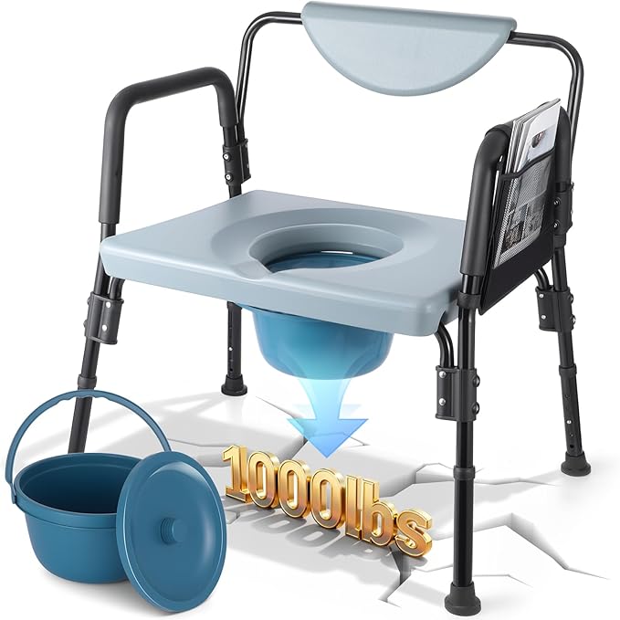 Bariatric Bedside Commode Chair - Heavy Duty 1000 Lbs Capacity - Extra-Wide Seat & Adjustable Height - 3 in 1 Steel Frame Over-The-Toilet Commode for Obese, Elderly & Disabled