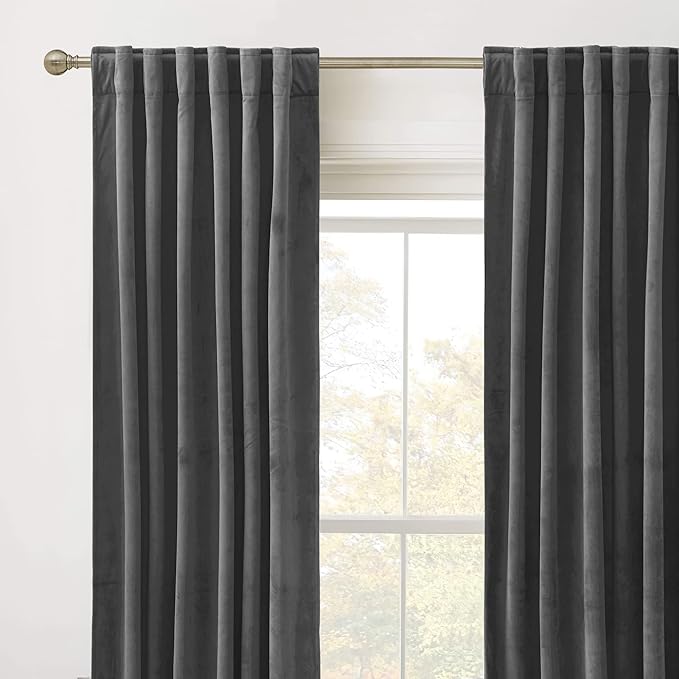 RYB Home Velvet Curtains for Living Room - Super Soft Luxury Back Tap Velvet Textured Window Drapes Room Darkening Thermal Insulated Panels for Bedroom Home Office, Grey, W52 x L96 inches, 2 Pieces