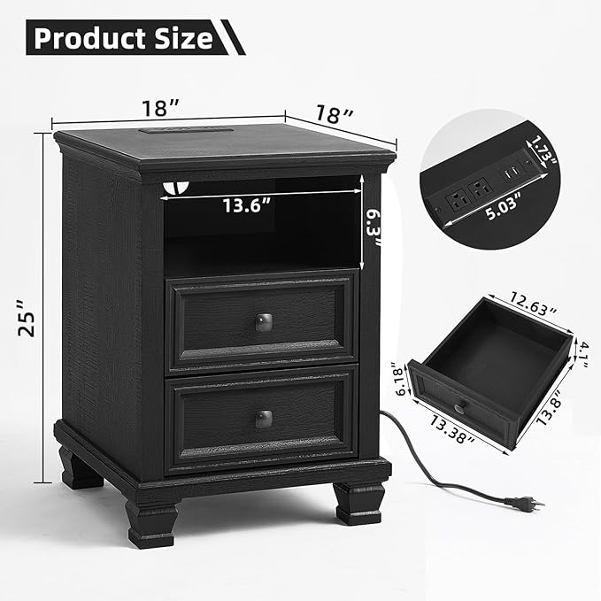 SAVOR LIFE Farmhouse Side Table with Charging Station, Rustic Black Nightstand,2 Drawers End Table for Living Room,Bedside Table with Open Shelf for Bed Room,Black