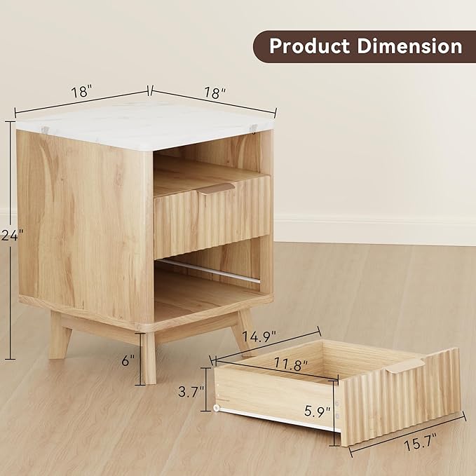 Fluted Nightstand Set of 2, 18" Modern Night Stand with Faux Marble Top, Open Storage Shelf, Fluted Bedside Table for Bedroom, End Table Side Table, Oak