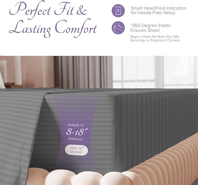 Carressa Linen Luxury Egyptian Cotton California King Stripe Sheet Set, 600 Thread Count Extra Long Staple 4 PC Set, Cal King Stripe Sheets, Soft, Cooling Striped Sheets 16 in Deep Pocket - Dark Grey