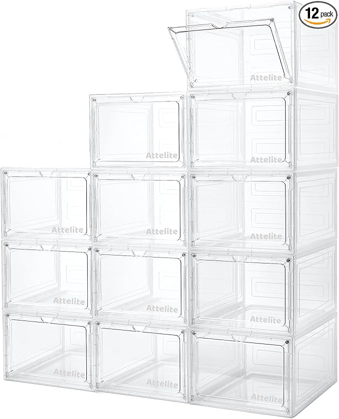 Attelite Upgrade 12pack Shoe Box Storage Containers,Thicken Sturdy Clear Stackable Plastic Shoe Organizer Box with Magnetic Door, X-Large Drop Front Shoe Box