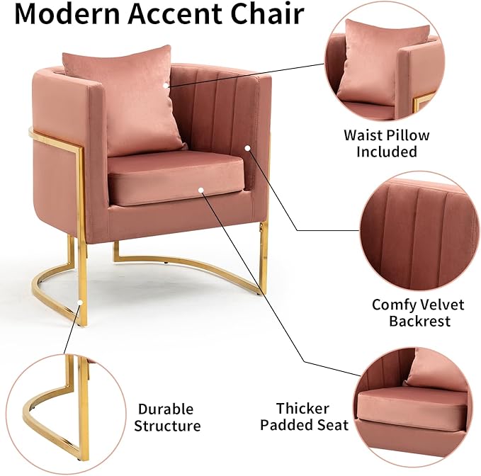 Velvet Modern Accent Chairs Set of 2, Upholstered Barrel Armchair Mid Century with Pillow for Living Room, Comfy Single Vanity Chair with Metal Gold Legs for Bedroom, Pink