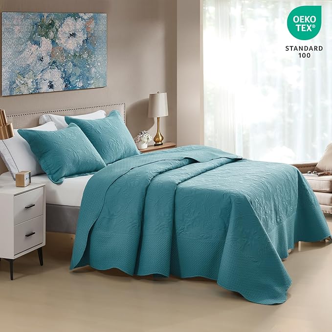 CHIXIN Bedspread Coverlet Quilt Set Full Size - Lightweight Bedding Cover - Ultrasonic Quilting - 5 Piece Reversible Bedspread - Vintage Rose Pattern (Full, Lagoon)