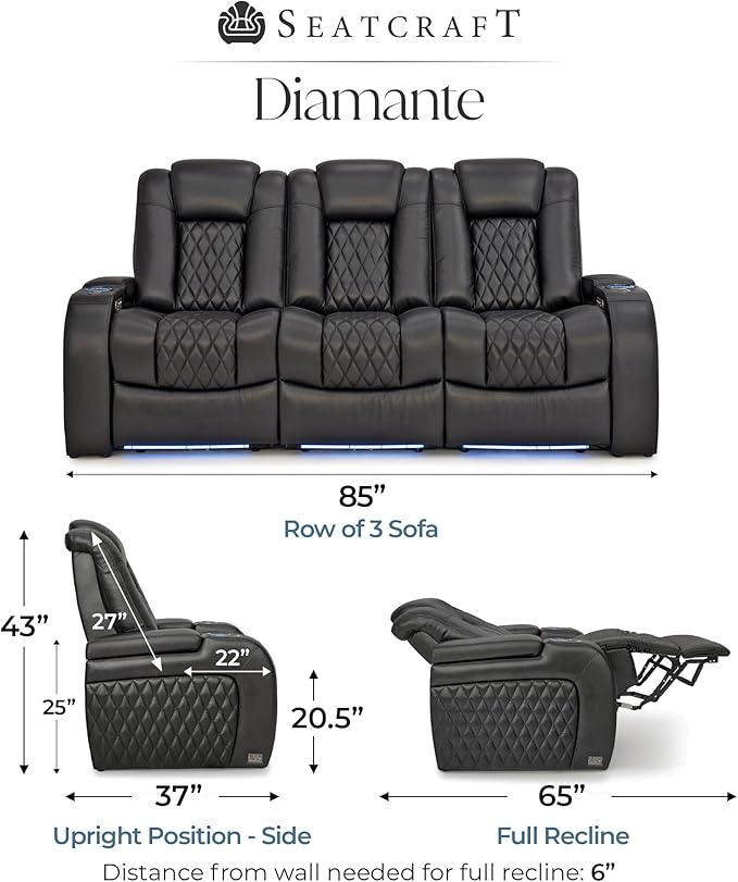 Seatcraft Diamante Zero-Gravity CoolZero Italian Leather Home Theater Seating, Power Headrest, Power Recline, Row of 3 Sofa, Black