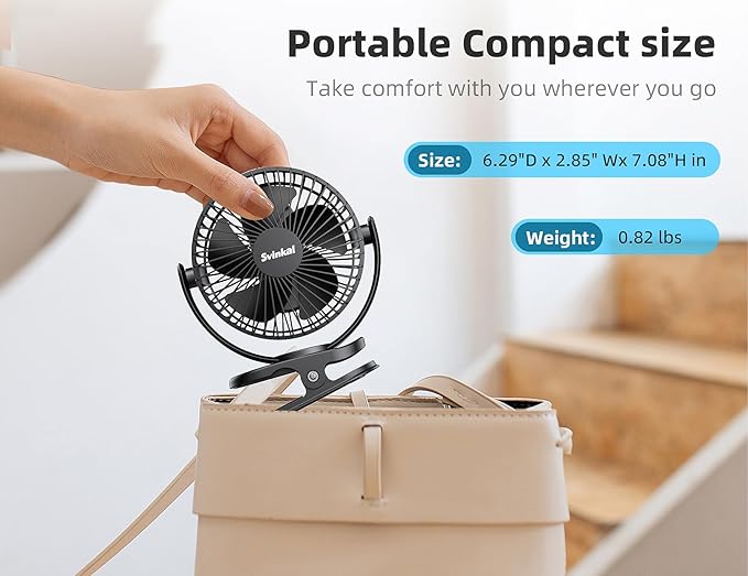 Svinkal USB Personal Clip on Fan 5000mAh Battery Operated 6in, Type C, 3 Speed, 720° adjustment, Small Portable Fan for Table, Bedroom, Desk, dormitory, Camping, Stroller, Golf Cart