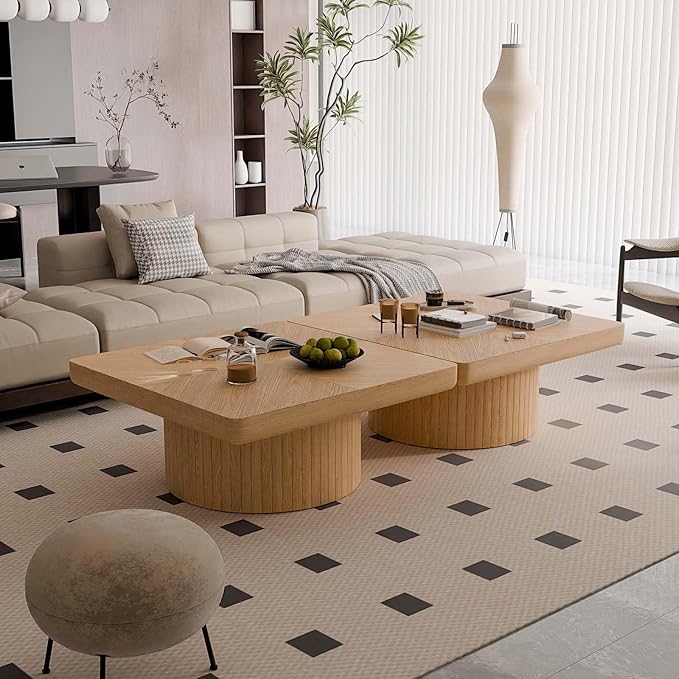 Modern Square Coffee Table with Cylindrical Base, Wood Coffee Table with Parquet Pattern & Thickened Tabletop, Center Table Tea Table for Living Room Apartment, 34.6''L×34.6''W×14.9''H, Natural