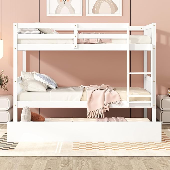 Bellemave Twin Over Twin Bunk Bed with Trundle,Convertible Bunk Beds with Ladder & Safety Guardrails,Twin Size Bunk Beds for Kids Girls Boys,White