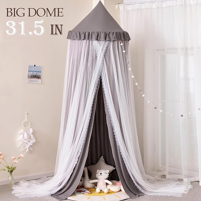 Kertnic 31.5inch Large Dome Bed Canopy for Girls, Double Layer Dreamy Ruffle Princess Canopy, Bedroom Hanging Tent Kids Reading Nook Canopies,Full Queen Bed Canopy Curtain (Gray)