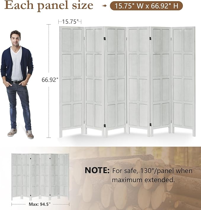 6 Panel Room Divider, 5.6Ft Wood Room Dividers and Folding Privacy Screens, Room Divider Wall Freestanding Room Partitions, Room Dividers Screen for Home Office Bedroom, White