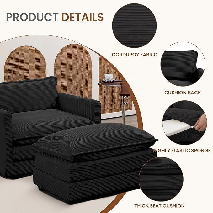 ROWHY Single Armchair with Ottoman, Modern Corduroy Cloud Couch with Convertible Chaise, Upholstered Sofa Set for Living Room, Black
