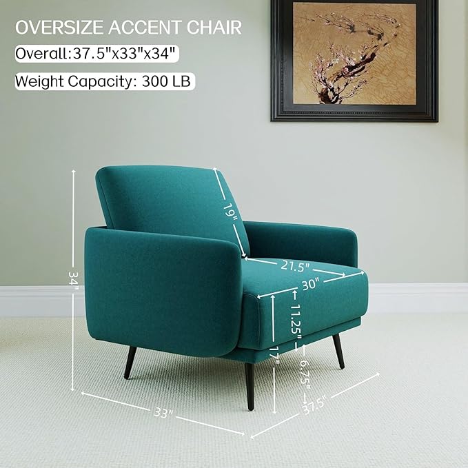 Oversized Accent Chair for Living Room Cozy Reading Chairs Mid-Century Modern Accent Chairs Armchair with Metal Legs Single Sofa Chair for Home Office (1-PCS, Velvet Fabric- Lake Blue)