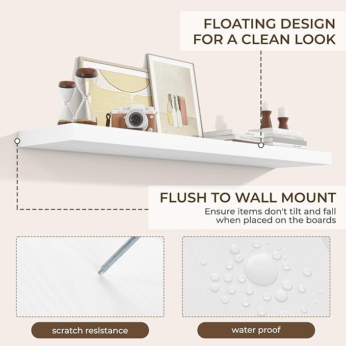 RICHFOCUS 55Inch Floating Shelves for Wall 2 Pack Shelves for Bedroom|Kitchen|Bathroom Wall Mounted Rustic Wood Floating Shelf with Invisible Brackets for Books|Storage|Decor, White