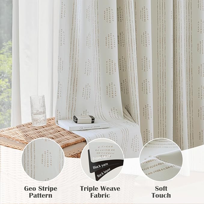100% Boho Blackout Curtains 84 Inches Long for Bedroom, Taupe on Beige Patterned Bohemian Curtains for Living Room, Geometric Striped Thermal Insulated Window Drapes Gromment Top 2 Panels