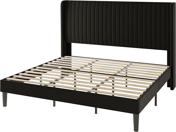 Allewie King Size Velvet Bed Frame/Vertical Channel Tufted Wingback Headboard/Upholstered Platform Bed/Strong Wooden Slats/No Box Spring Needed/Easy Assembly/Black