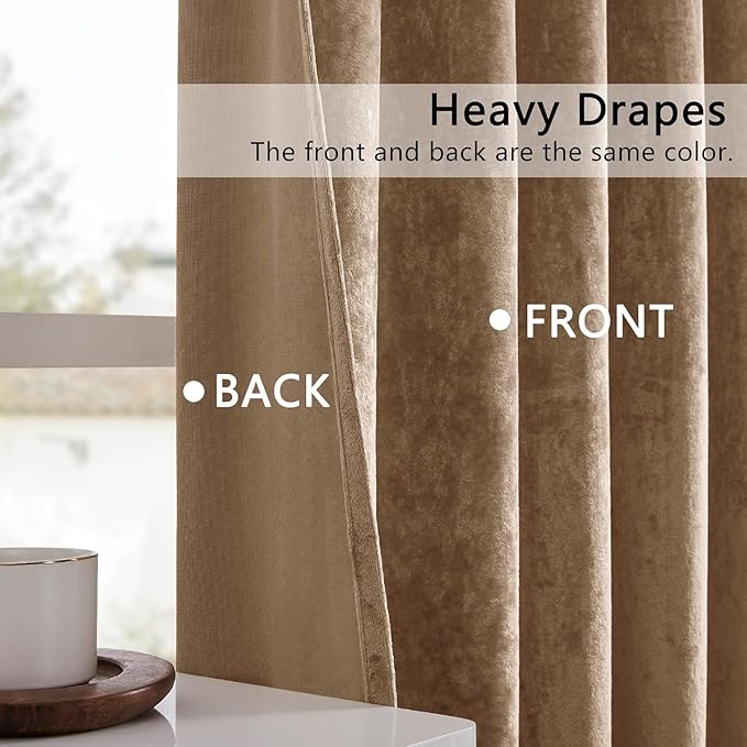 SMILETIME Amber Beige Crushed Velvet Curtains 52x96 inch Luxurious Thermal Insulated Soundproof Drapes for Living Room Bedroom Office Soft and Durable Light-Filtering Window Treatments, 2 Panels