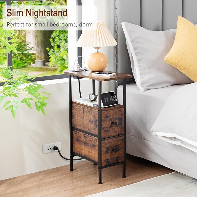 LOAKEKEL Narrow End Table Living Room with Charging Station, Skinny Side Table with Fabric Drawers, Slim Nightstand for Bedroom, Small Spaces, Couch, Rustic Brown, HETNDP02PBR-1