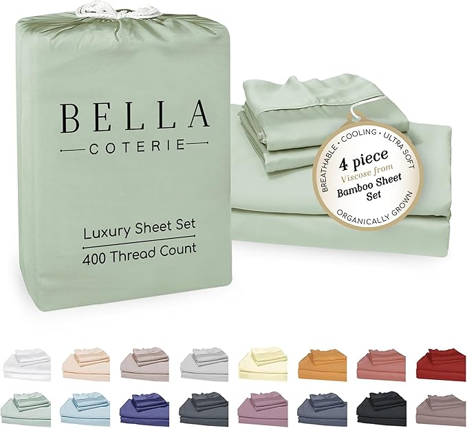 Bella Coterie Luxury Bamboo Viscose King Size Sheet Set | 100% Organically Grown | Ultra Soft | Cooling for Hot Sleepers | 18" Deep Pocket [Sea Glass]