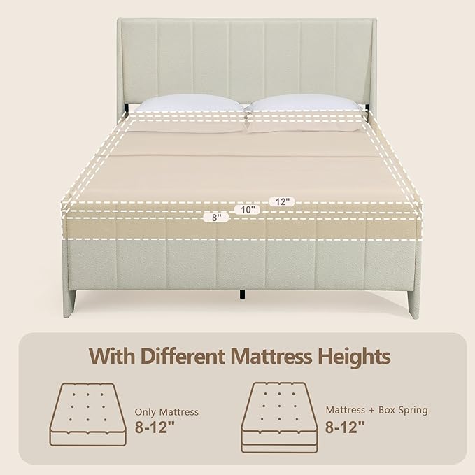 Brafab Full Boucle Upholstered Bed Frame with Wingback Headboard, No Box Spring Needed, Easy Assembly, Platform Bed with Wooden Slats, Beige