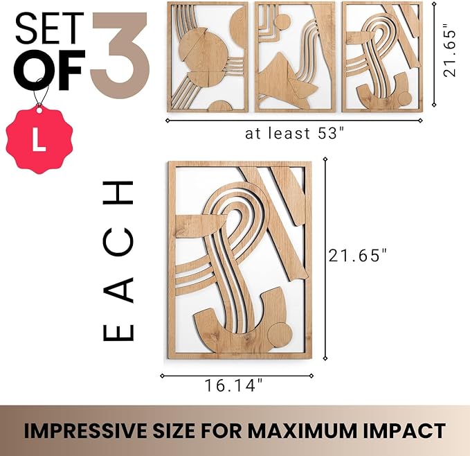 qmmp Modern Wooden Wall Sculptures - Set of 3 - Home Decor Accent - Large Wall Art for Living Room, Bedroom, Office - Easy Installation (Oak, Large - Abstract Shapes)