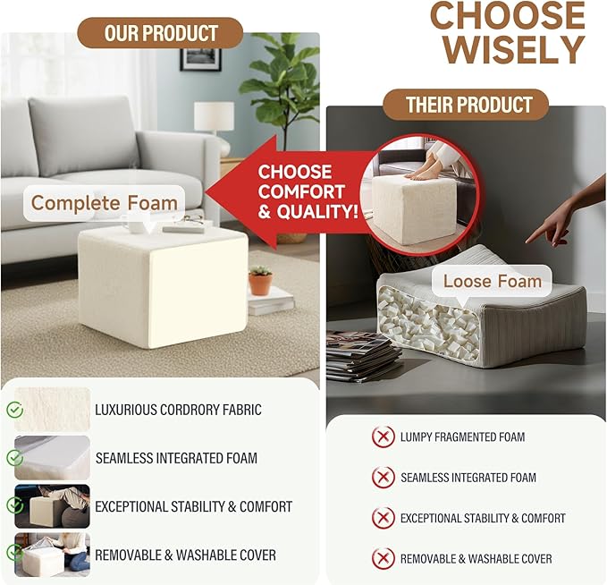 Tiita Square Stuffed Pouf Ottoman, Plush Poufs with Foam Chunk Filling, Foot Rest Stool for Living Room, Cream