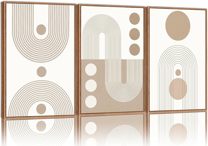 YeeHomedec Boho Beige Neutral Framed Canvas Wall Art, Mid Century Modern Wall Decor, Bohemian Abstract Minimalist Artwork, Geometric Line Circle Art Painting for Living Room Bedroom Office 16"x24"x3