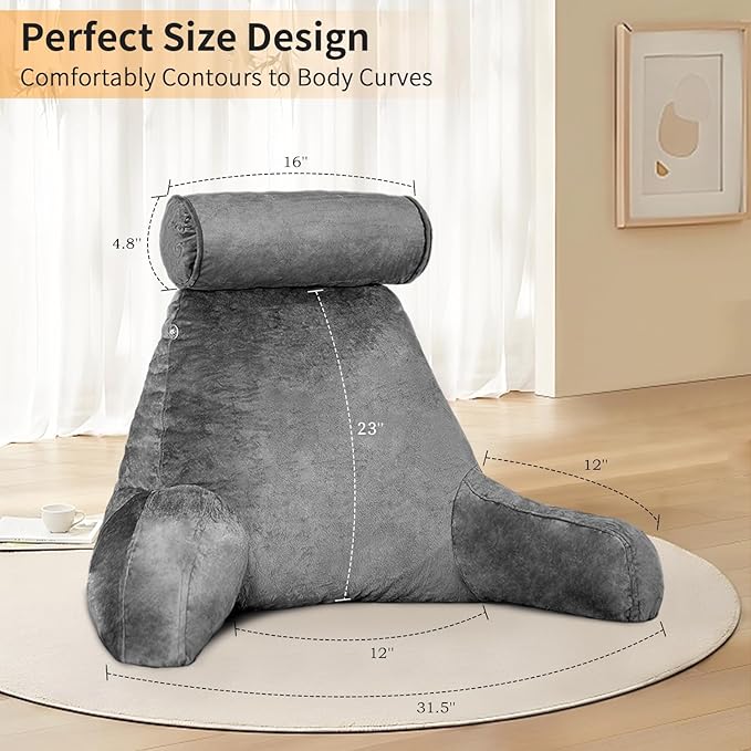 mittaGonG Reading Pillow for Sitting in Bed with Detachable Neck Roll & Big Bed Backrest Pillow Back Support Pillow Chair Pillow with Washable Cover for Adult with Arms and Side Pocket Shredded Foam