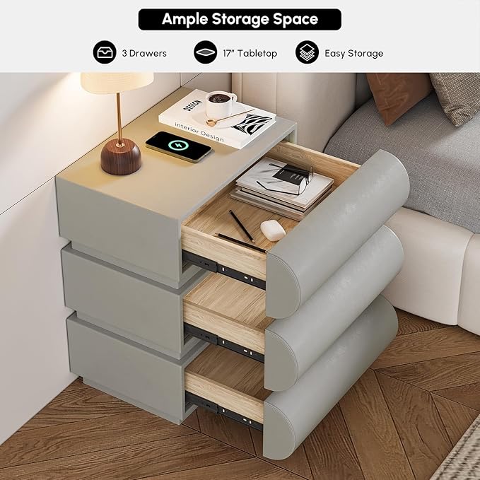 homary Smart Nightstand Modern White Leather Nightstands with Wireless Charger Bedside Table with 3 Drawers for Bedrooms Living Rooms Offices 19.7" W x 16.1" D x 23.6" H (Light Gray 3 Drawers)