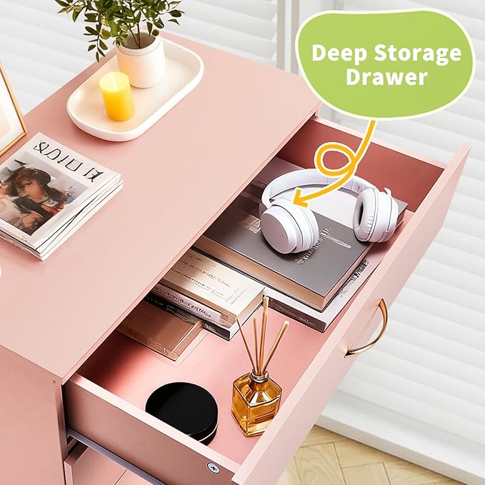Karl home 4 Pink Drawer Dresser, Modern Chest of Drawers, Wood Bedside Table Night Table,Anti-Tipping Device, Rose Gold Metal Handle