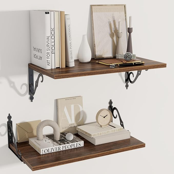Dreamland Deep Floating Shelves, 24" W x 12" D Wall Shelves Set of 2, Wide Display Shelf Wall Mounted with Brackets, Bookshelf for Living Room, Bathroom, Bedroom, Walnut