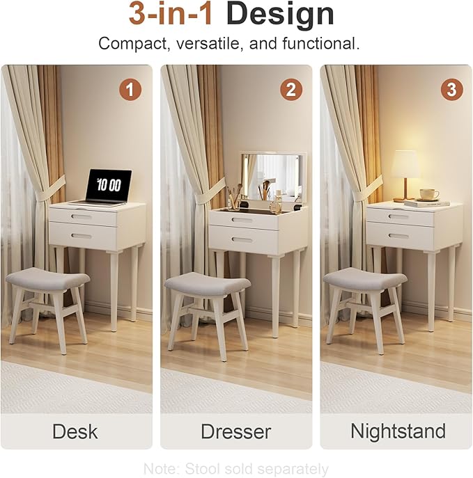 Solid Wood Small Vanity Desk with Mirror and Lights, Narrow Makeup Vanity for Small Space, Flip Top Vanity Side Table, 3 Color Modes & Adjustable Brightness, 19.6" Slim Dressing Table, White