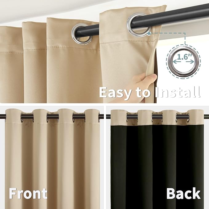BGment Short 100% Blackout Curtains for Bedroom, Thermal Insulated Energy Efficiency Noise Reducing Grommet Curtains 54 Inch Length with Liner for Small Window 2 Panels Each 52 Inch Wide, Beige
