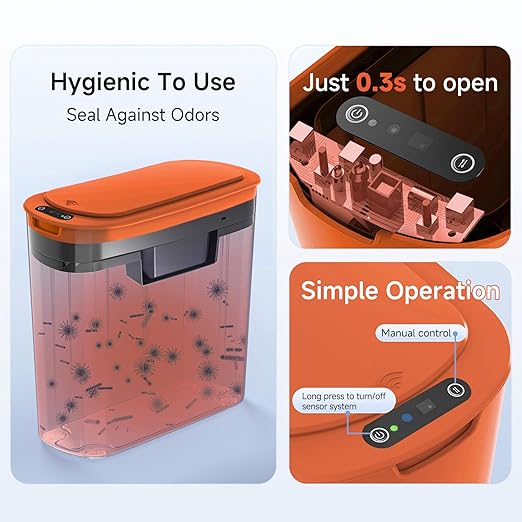 TIPGO Automatic Motion Sensor Bathroom Trash Can with Lid, 2.6 Gallon Touchless Trash Bin, Smart Garbage Can Plastic Slim Wastebasket for Bedroom, Office, Dorm (Orange)