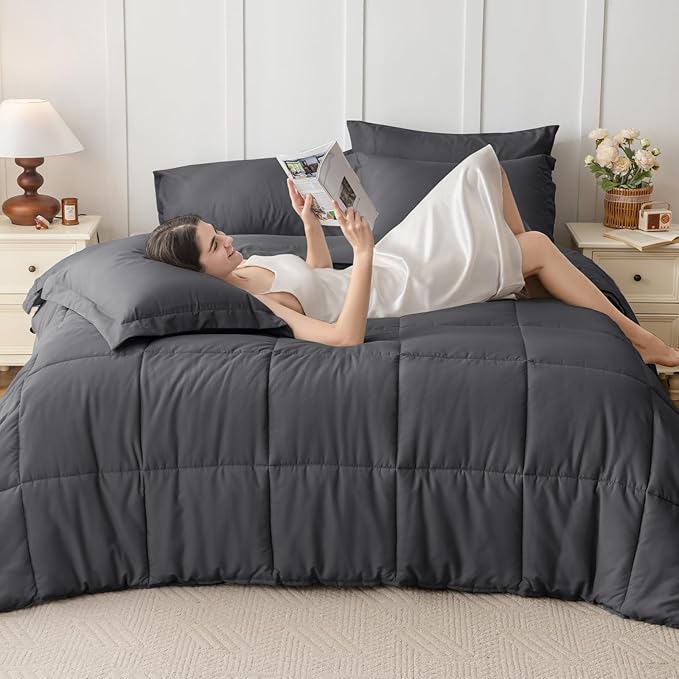 JOLLYVOGUE Oversized King Comforter Set, Ultra-Soft Bed in a Bag Oversized King Size 7 Pieces, Oeko-TEX Certified Bedding Set with Down Alternative Comforter, Sheets, Pillowcases & Shams, Dark Grey