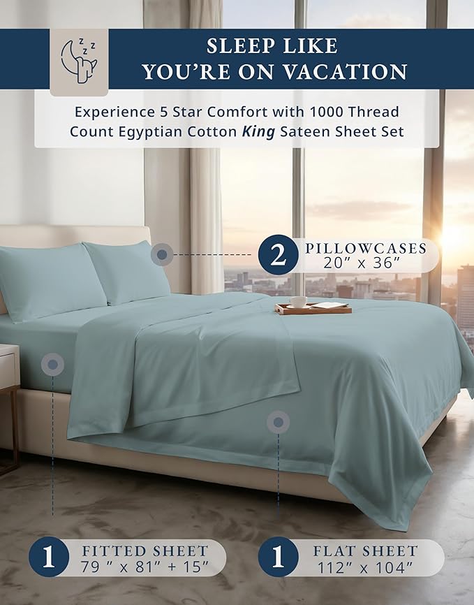 LANE LINEN 1000 Thread Count 100% Egyptian Cotton King Size Sheets – Silky Sateen Weave, Naturally Cooling & Durable, Ultra-Soft Luxury You Can Feel,15" Deep Pocket King Sheet Set – French Blue