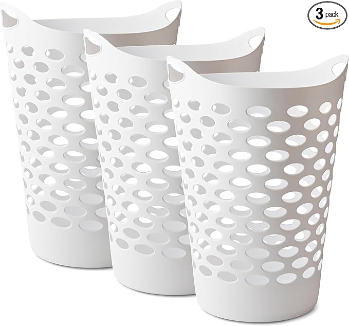 3 Pack Round Plastic Laundry Hamper with Handles, Lightweight & Flexible, 2.2 Bushels Large Capacity, Easy to Clean, Space Saving Laundry Basket for Bedroom, Dorm, Bathroom, White