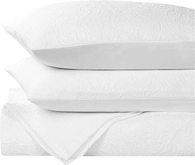 Superior 3 Piece Bedspread Set, Home Bed Decor, Decorative Bed Spread, 2 Pillow Shams, Medium Weight Blanket, Floral Matelasse Coverlet, Bedding Essentials, Enzy Collection, Full, White